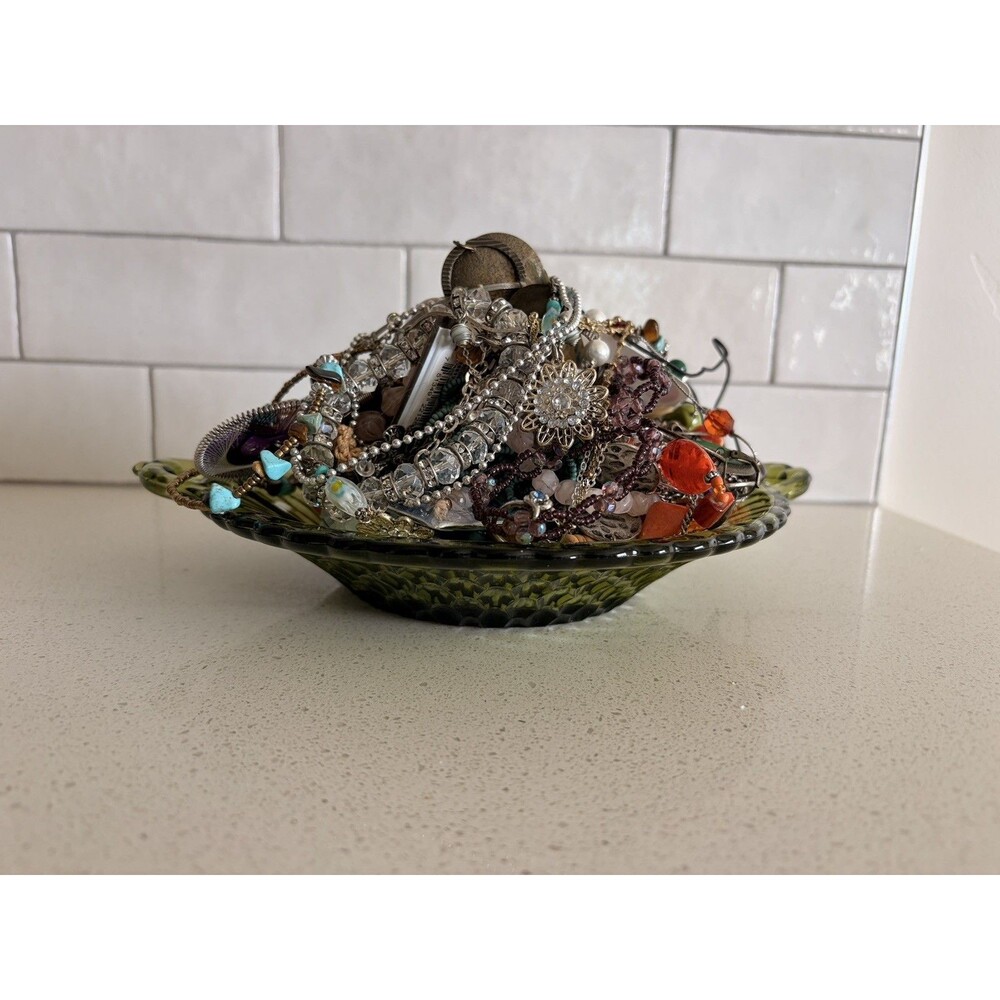 VTG Native Boho Mystery Jewelry Jar Glass Dish Turquoise Silver Gold Tone Bead